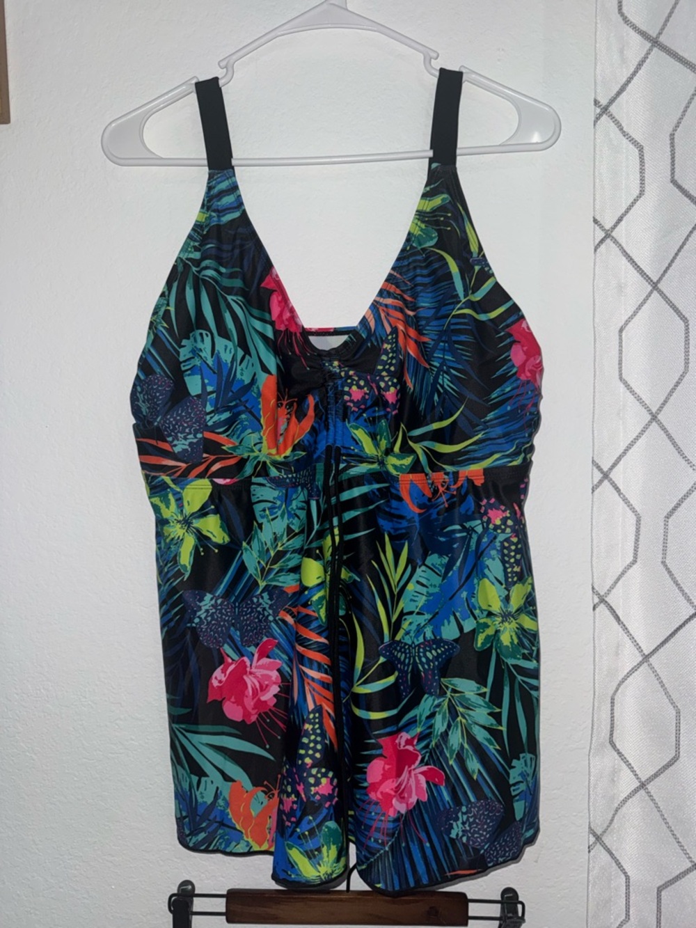 Floral Tropical Swim Tankini Top - Black with Multicolor Print